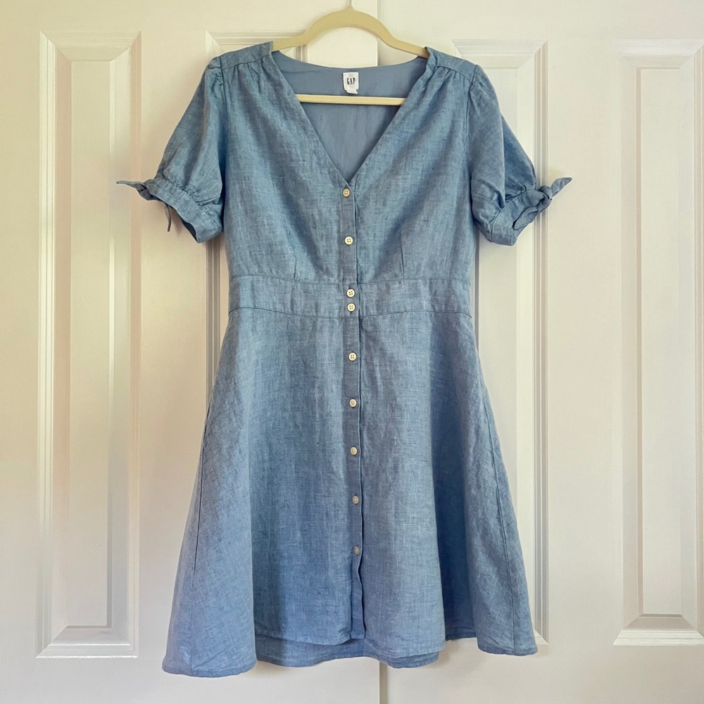 Gap Blue Linen Blend Button Front Puff Sleeve Tie Cuff Fit Flare Dress Size 8 - Picture 1 of 9